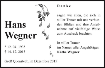 Traueranzeige von Hans Wegner  von Magdeburger Volksstimme