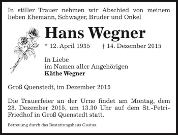 Traueranzeige von Hans Wegner  von Magdeburger Volksstimme
