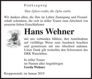 Traueranzeige von Hans Wehner  von Magdeburger Volksstimme