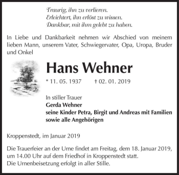 Traueranzeige von Hans Wehner  von Magdeburger Volksstimme