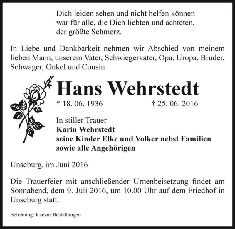  Traueranzeige für Hans Wehrstedt  vom 29.06.2016 aus Magdeburger Volksstimme