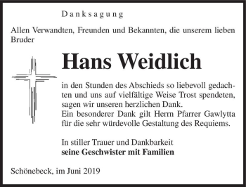 Traueranzeige von Hans Weidlich  von Magdeburger Volksstimme