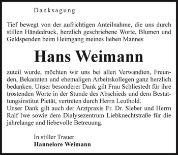 Traueranzeige von Hans Weimann  von Magdeburger Volksstimme