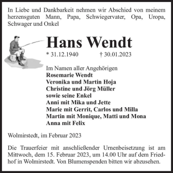 Traueranzeige von Hans Wendt  von Magdeburger Volksstimme