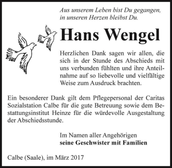 Traueranzeige von Hans Wengel  von Magdeburger Volksstimme