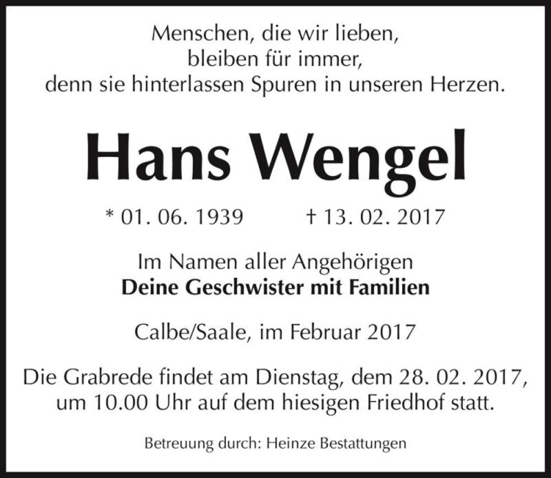  Traueranzeige für Hans Wengel  vom 18.02.2017 aus Magdeburger Volksstimme