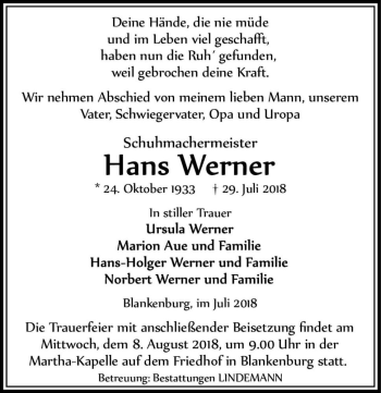 Traueranzeige von Hans Werner  von Magdeburger Volksstimme