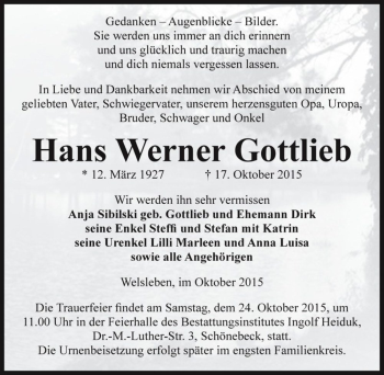 Traueranzeige von Hans Werner Gottlieb  von Magdeburger Volksstimme