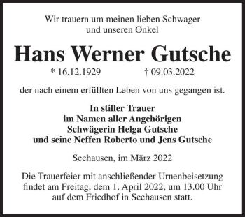 Traueranzeige von Hans Werner Gutsche  von Magdeburger Volksstimme