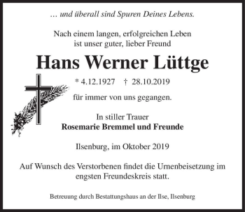 Traueranzeige von Hans Werner Lüttge  von Magdeburger Volksstimme