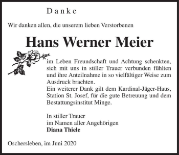 Traueranzeige von Hans Werner Meier  von Magdeburger Volksstimme
