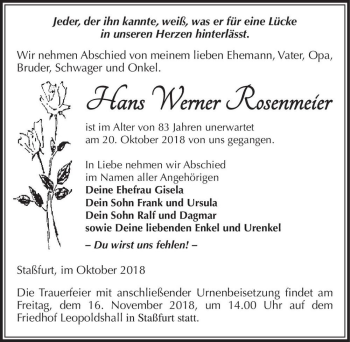 Traueranzeige von Hans Werner Rosenmeier  von Magdeburger Volksstimme