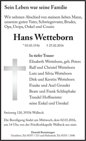 Traueranzeige von Hans Wetteborn  von Magdeburger Volksstimme