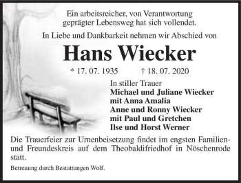 Traueranzeige von Hans Wiecker  von Magdeburger Volksstimme