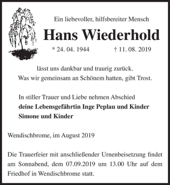 Traueranzeige von Hans Wiederhold  von Magdeburger Volksstimme