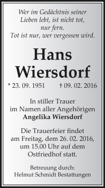 Traueranzeige von Hans Wiersdorf  von Magdeburger Volksstimme