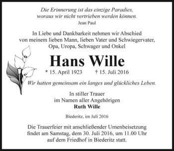 Traueranzeige von Hans Wille  von Magdeburger Volksstimme