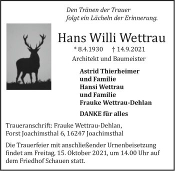 Traueranzeige von Hans Willi Wettrau  von Magdeburger Volksstimme