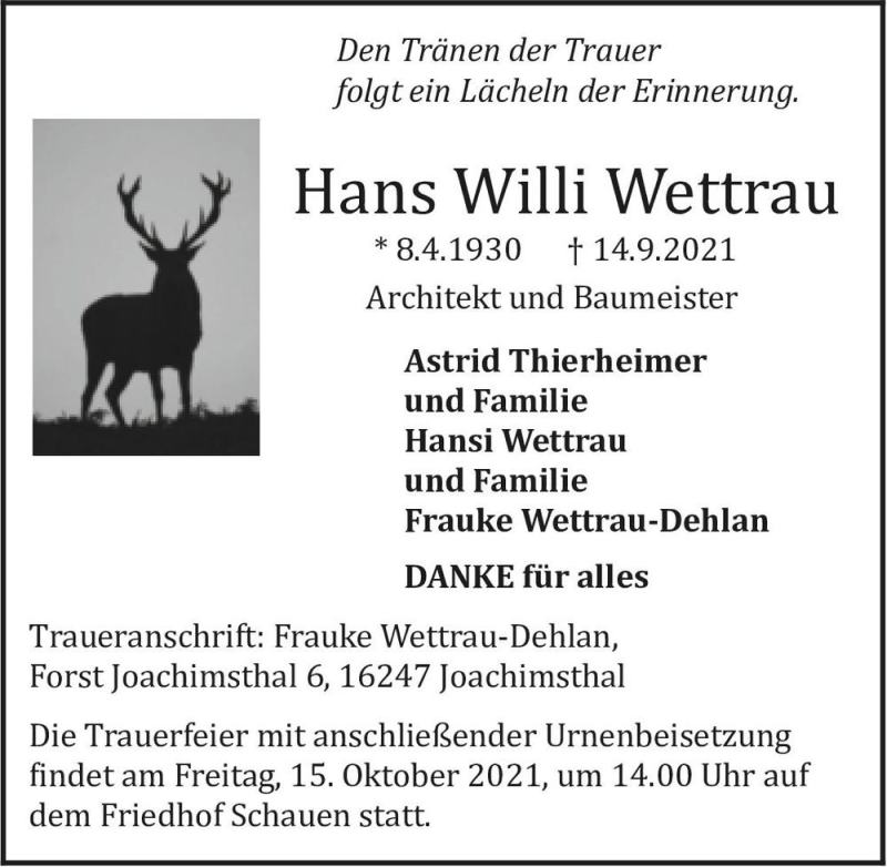  Traueranzeige für Hans Willi Wettrau  vom 02.10.2021 aus Magdeburger Volksstimme