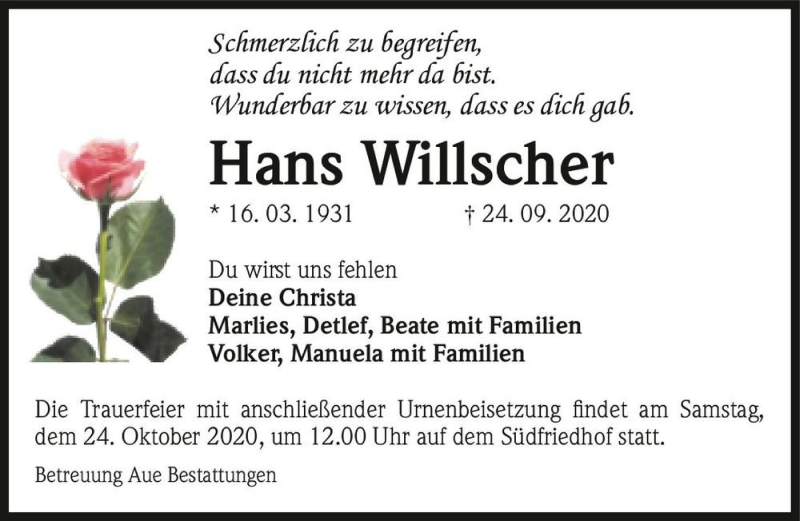  Traueranzeige für Hans Willscher  vom 10.10.2020 aus Magdeburger Volksstimme