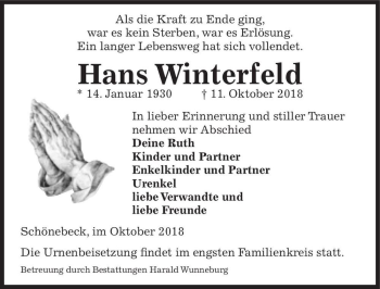 Traueranzeige von Hans Winterfeld  von Magdeburger Volksstimme