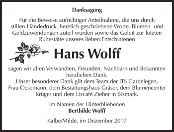 Traueranzeige von Hans Wolff  von Magdeburger Volksstimme