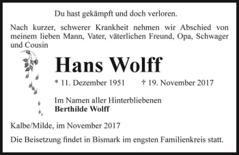 Traueranzeige von Hans Wolff  von Magdeburger Volksstimme