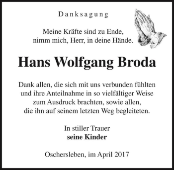 Traueranzeige von Hans Wolfgang Broda  von Magdeburger Volksstimme