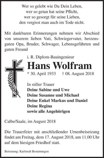 Traueranzeige von Hans Wolfram  von Magdeburger Volksstimme