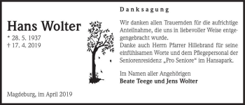 Traueranzeige von Hans Wolter  von Magdeburger Volksstimme