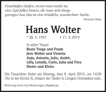 Traueranzeige von Hans Wolter  von Magdeburger Volksstimme