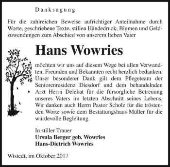 Traueranzeige von Hans Wowries  von Magdeburger Volksstimme