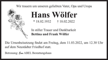 Traueranzeige von Hans Wölfer  von Magdeburger Volksstimme