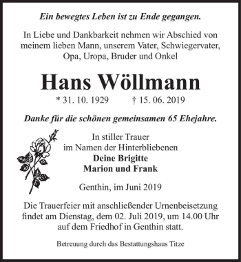 Traueranzeige von Hans Wöllmann  von Magdeburger Volksstimme