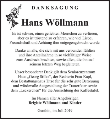Traueranzeige von Hans Wöllmann  von Magdeburger Volksstimme