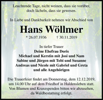 Traueranzeige von Hans Wöllmer  von Magdeburger Volksstimme
