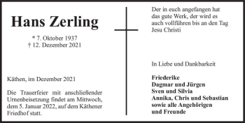 Traueranzeige von Hans Zerling  von Magdeburger Volksstimme