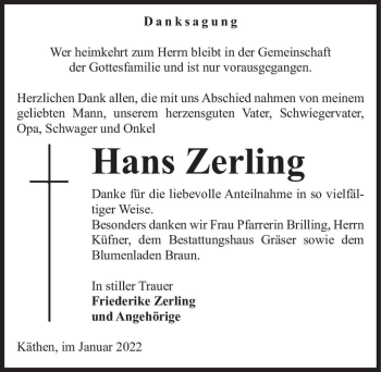 Traueranzeige von Hans Zerling  von Magdeburger Volksstimme