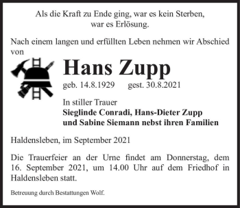 Traueranzeige von Hans Zupp  von Magdeburger Volksstimme