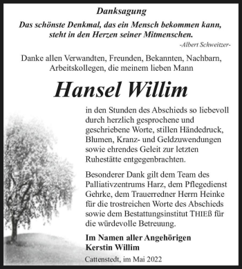 Traueranzeige von Hansel Willim  von Magdeburger Volksstimme