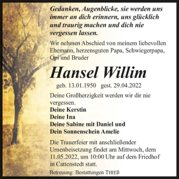 Traueranzeige von Hansel Willim  von Magdeburger Volksstimme
