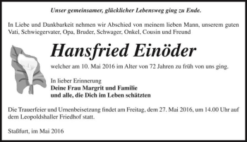 Traueranzeige von Hansfried Einöder  von Magdeburger Volksstimme
