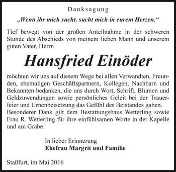 Traueranzeige von Hansfried Einöder  von Magdeburger Volksstimme