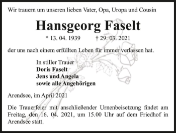 Traueranzeige von Hansgeorg Faselt  von Magdeburger Volksstimme