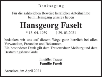 Traueranzeige von Hansgeorg Faselt  von Magdeburger Volksstimme