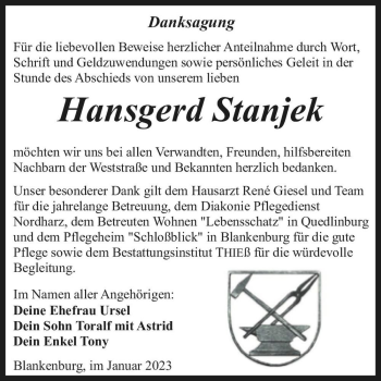 Traueranzeige von Hansgerd Stanjek  von Magdeburger Volksstimme