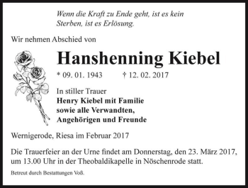 Traueranzeige von Hanshenning Kiebel  von Magdeburger Volksstimme