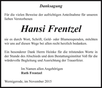 Traueranzeige von Hansi Frentzel  von Magdeburger Volksstimme