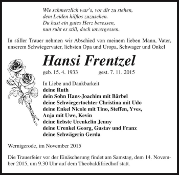 Traueranzeige von Hansi Frentzel  von Magdeburger Volksstimme