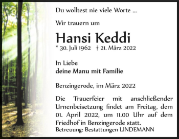 Traueranzeige von Hansi Keddi  von Magdeburger Volksstimme